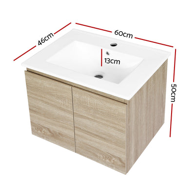 Cefito Vanity Unit Basin Cabinet Storage Bathroom Wall Mounted Ceramic 600mm Oak