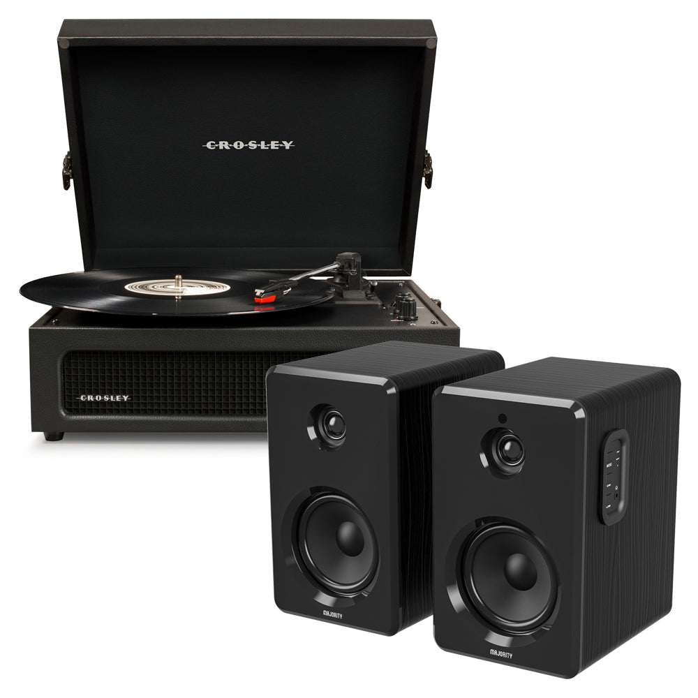 Crosley Voyager Bluetooth Portable Turntable - Black + Bundled Majority D40X Bluetooth Speakers - Black