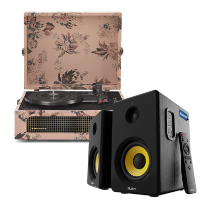 Crosley Voyager Bluetooth Portable Turntable - Floral + Bundled Majority D40X Bluetooth Speakers - Black