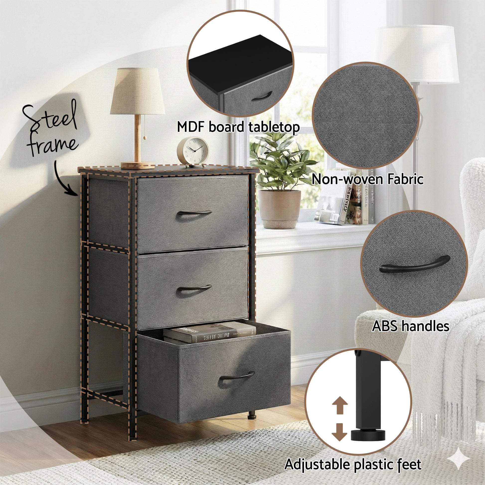 Artiss Chest of 3 Drawers Storage Dresser Tallboy Grey