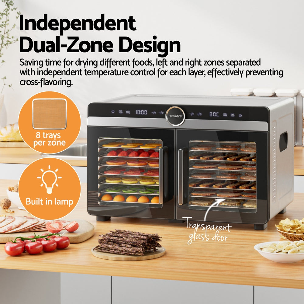 Devanti 16 Trays Food Dehydrator Dual-Zone Stainless Steel