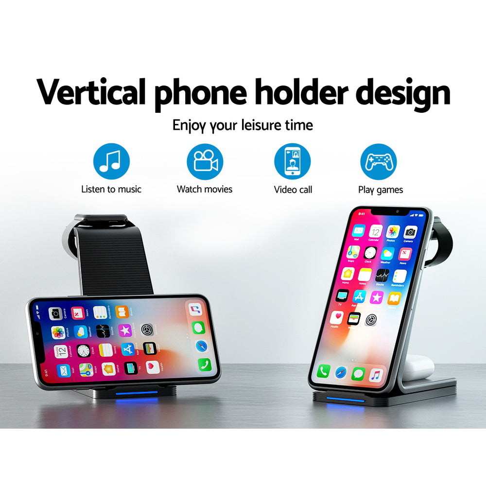 Devanti 3 in 1 Wireless Charger Dock 15W Fast Charging Stand