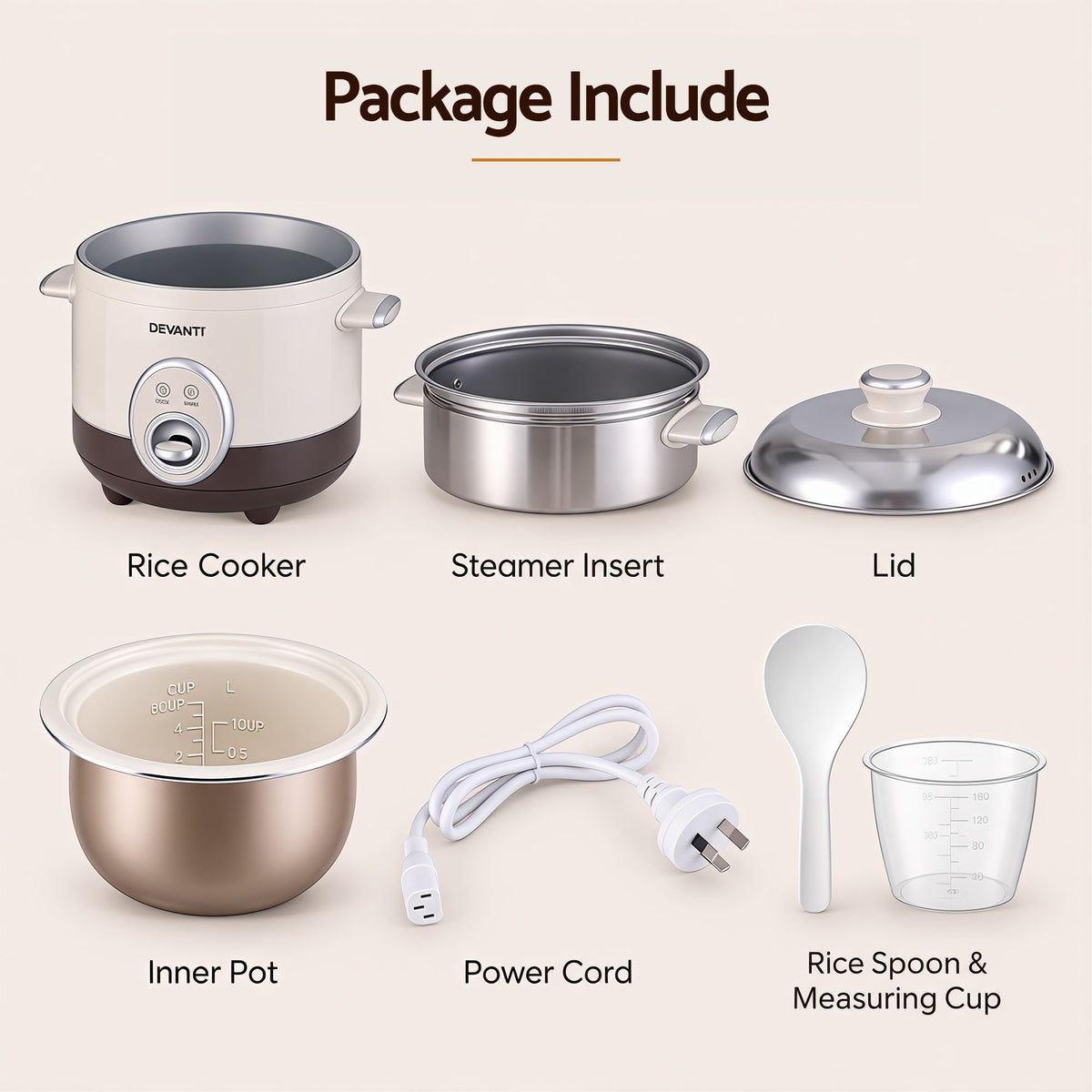 Devanti 3L Rice Cooker Small 6 Cup Multi Cooker with Steamer