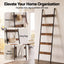Devanti 5-Tier Blanket Ladder with Anti-Tip Kit, Towel Rack for Bathroom, Quilt Rack with 5 Hooks for Clothes and Bags, Black Metal and Rustic Wood Leaning Ladder Shelf, 44x160cm