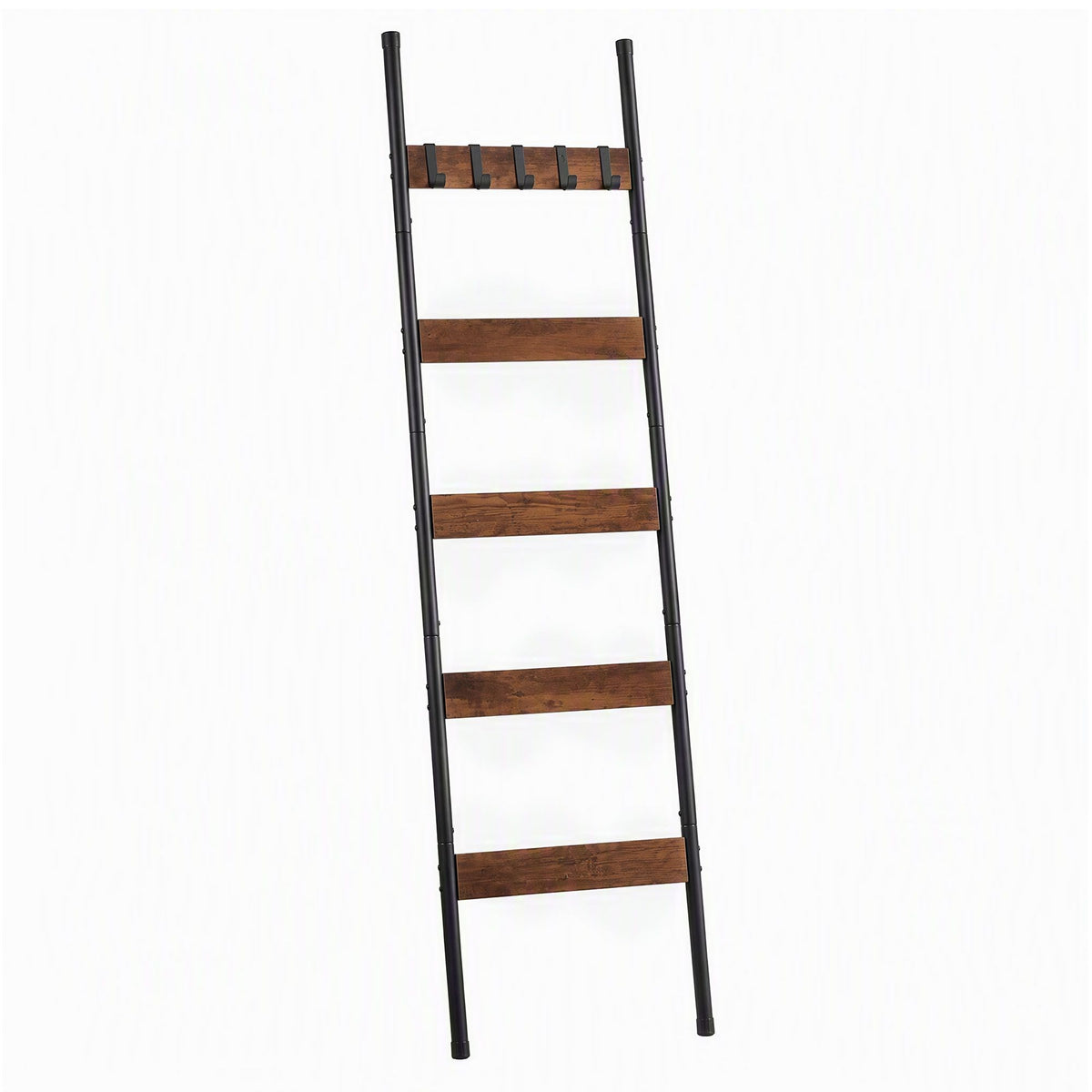 Devanti 5-Tier Blanket Ladder with Anti-Tip Kit, Towel Rack for Bathroom, Quilt Rack with 5 Hooks for Clothes and Bags, Black Metal and Rustic Wood Leaning Ladder Shelf, 44x160cm