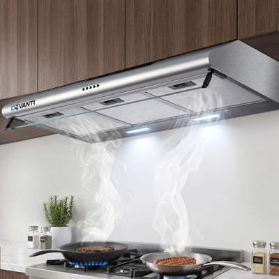 Devanti 900mm Range Hood 90cm Rangehoods Glass Visor Silver
