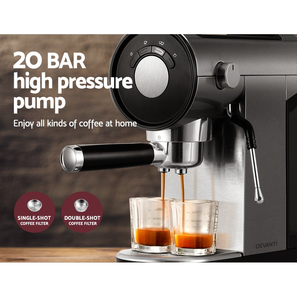 Devanti Coffee Machine Espresso Maker 20 Bar Milk Frother Cappuccino Latte Cafe