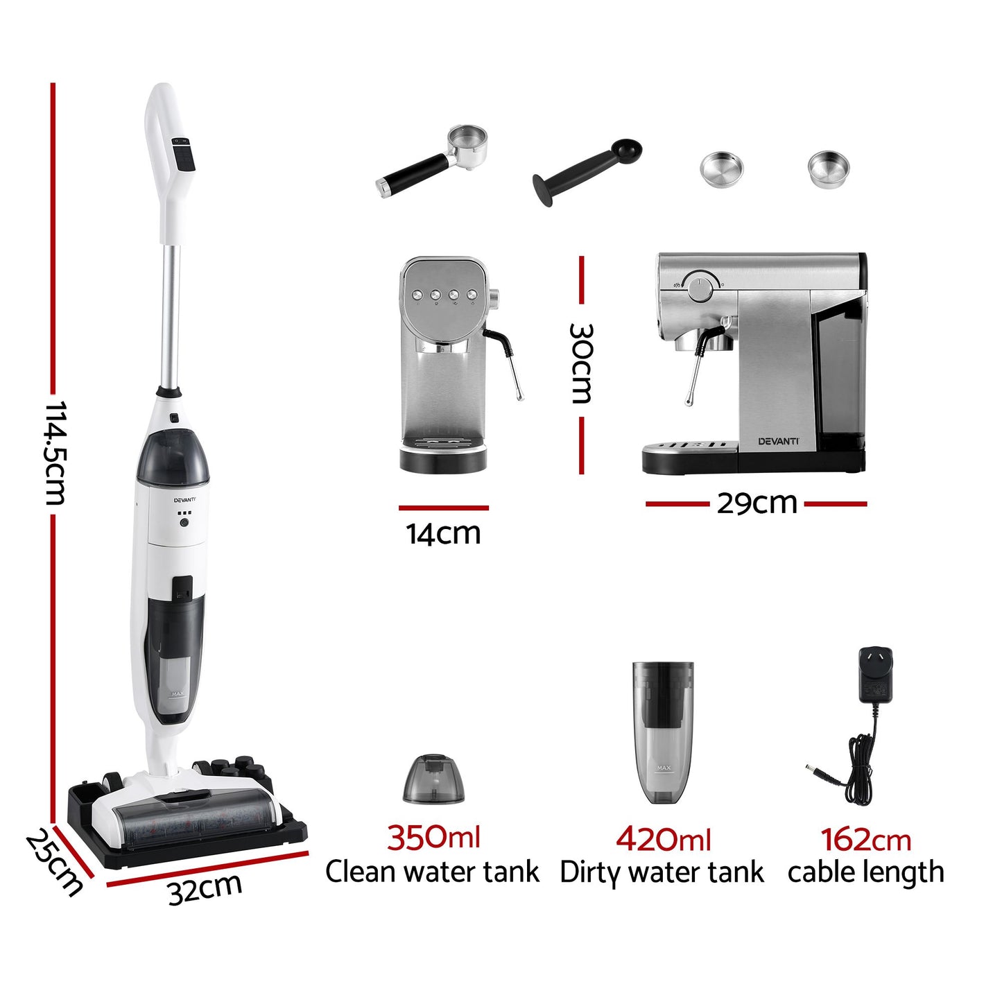 Devanti Cordless Wet Dry Vacuum Mop plus Coffee Maker Machine Espresso