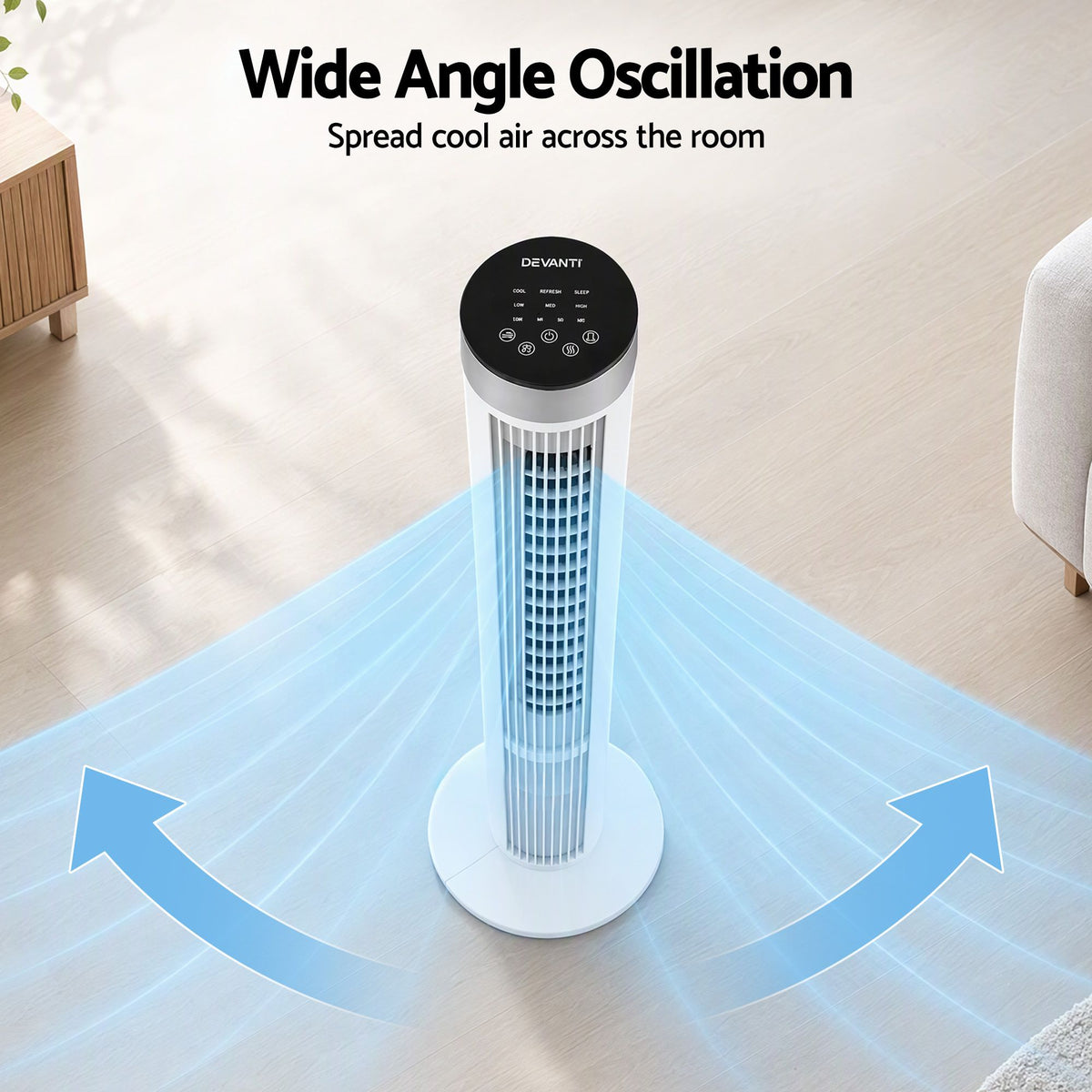 Devanti Tower Fan with Remote Control, 3 Speed 3 Mode 7.5h Timer, White