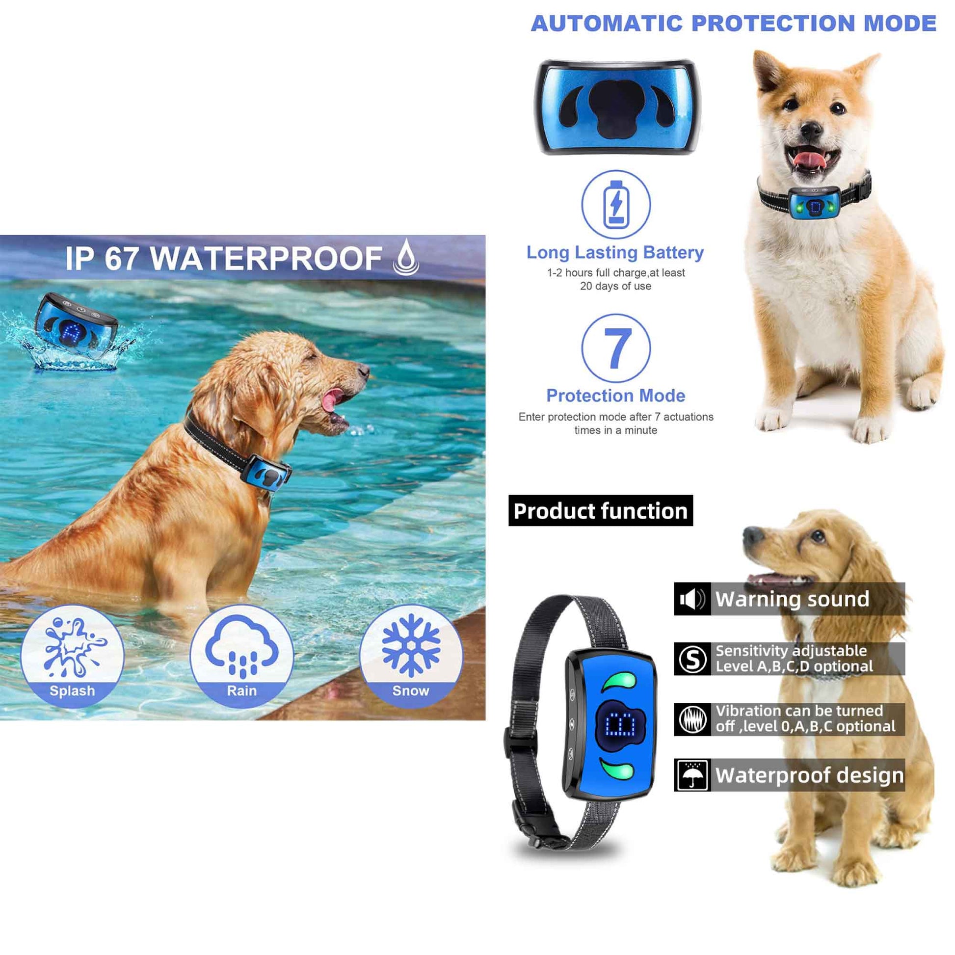 Dog Bark Collar - Vibration Magnetic Charging Waterproof Smart Barking Detection