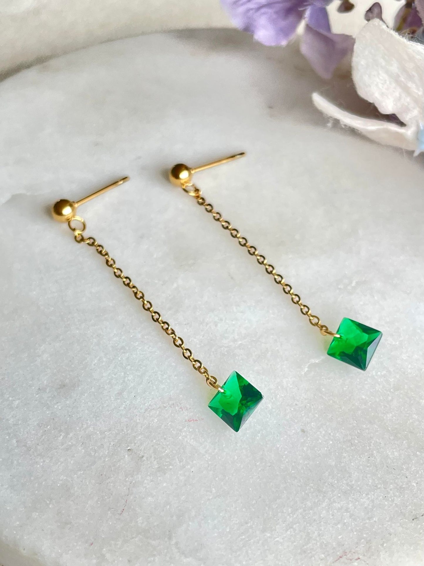 Drop to the green stud earrings – Tarnish Proof Jewellery