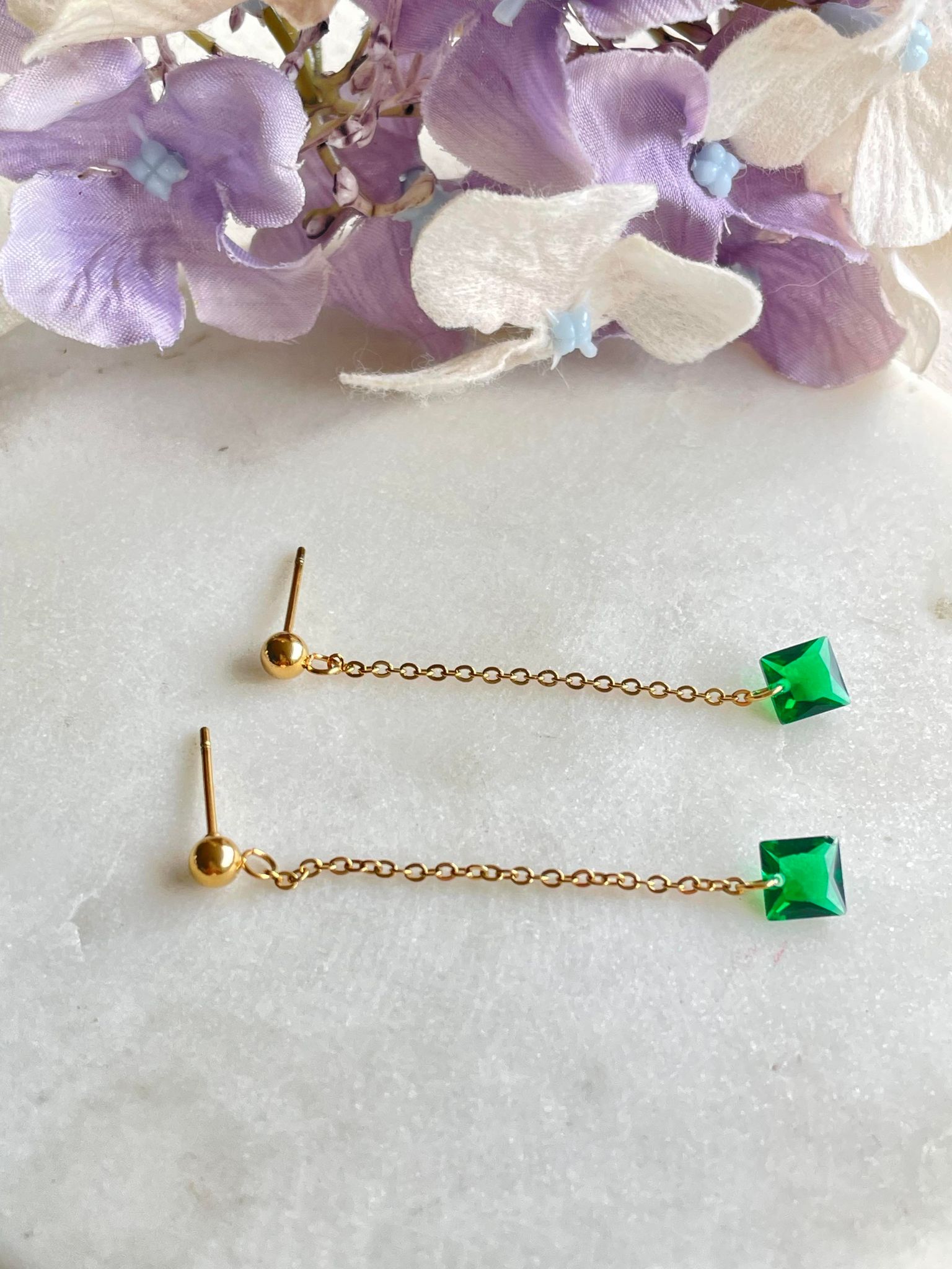 Drop to the green stud earrings – Tarnish Proof Jewellery