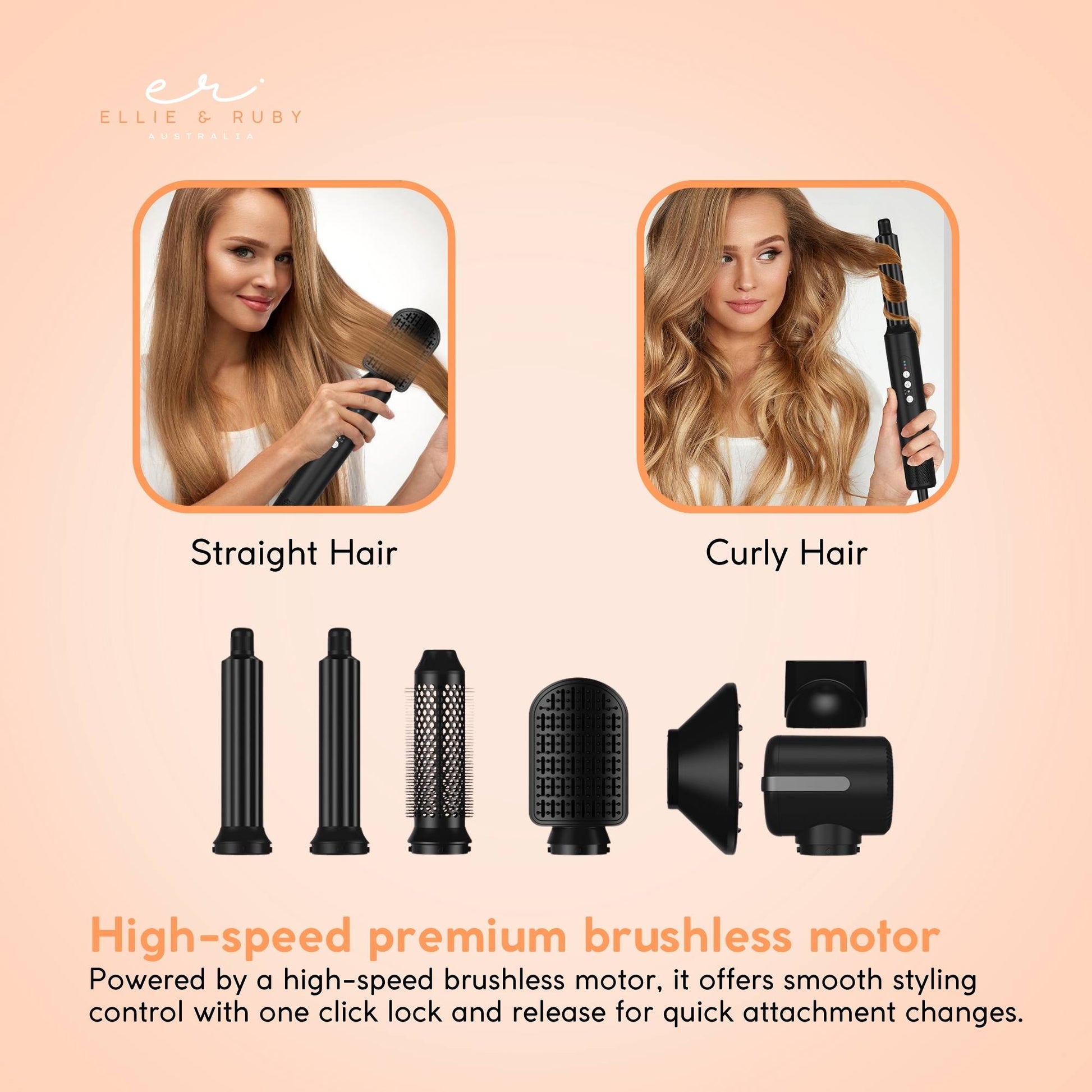 Ellie & Ruby 7-in-1 Hot Air Hair Styler 1400W Dryer Brush Curler Black