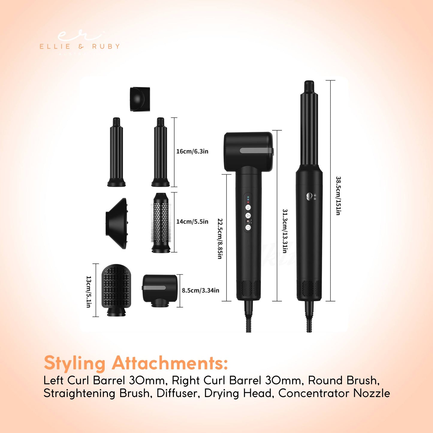 Ellie & Ruby 7-in-1 Hot Air Hair Styler Dryer Brush Curler Black 1400W