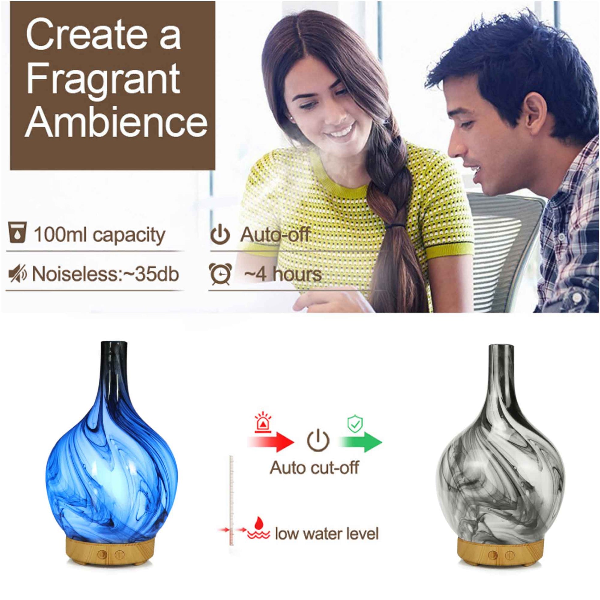 Essential Oil Aroma Diffuser - 100ml Glass Marble Aromatherapy Mist Humidifier