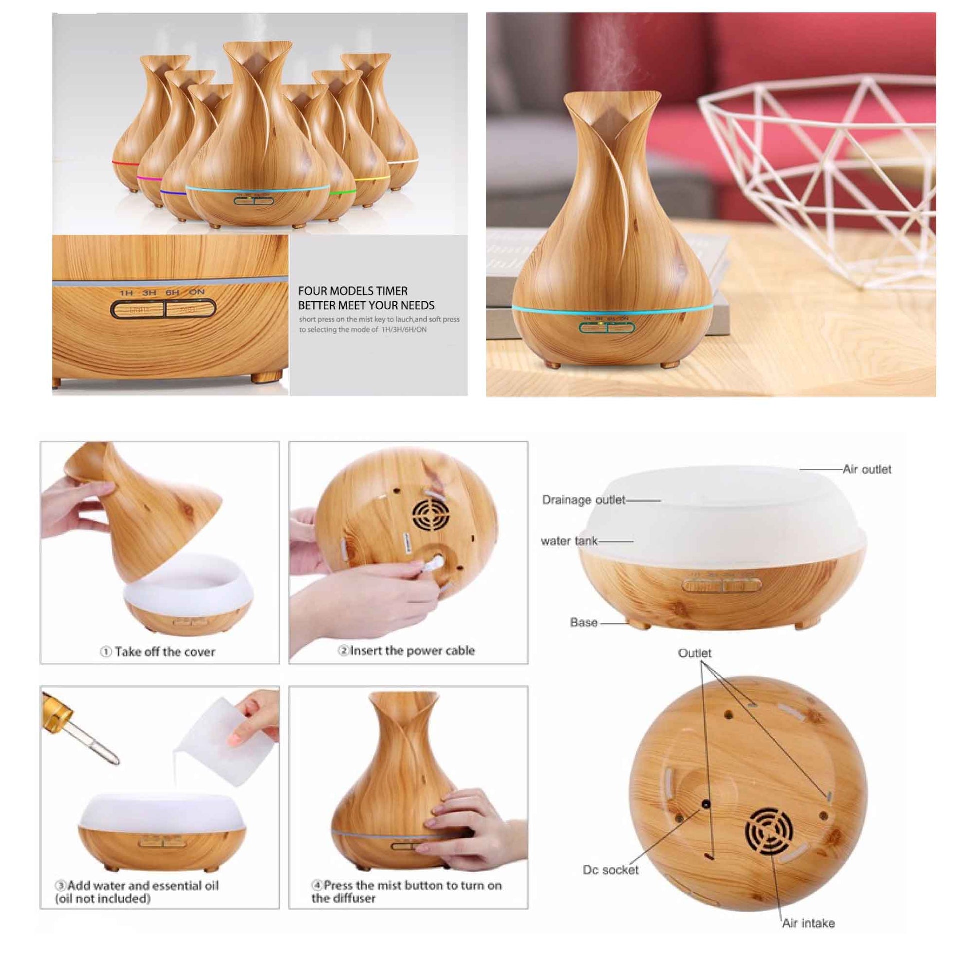 Essential Oil Aroma Diffuser Tulip Light Wood -Ultrasonic Mist Humidifier