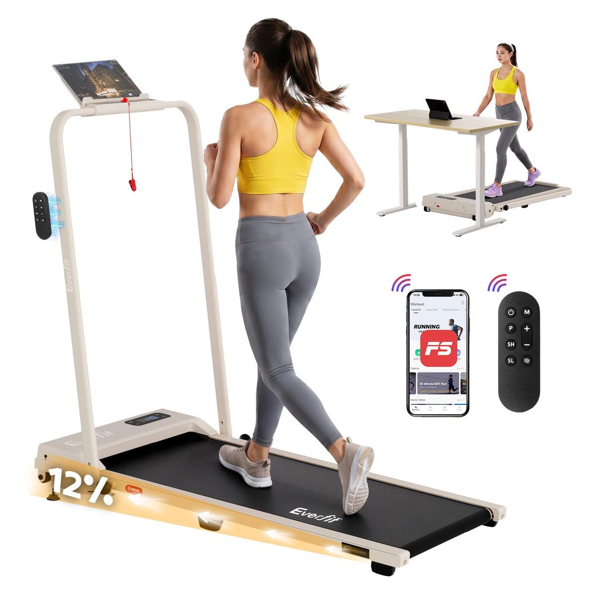 Everfit 3 in 1 Walking Pad Treadmill 12% Incline Under Desk Foldable Treadmills for Home Gym With 38cm Wide Belt APP Control Everfit 3 in 1 Walking Pad Treadmill 12% Incline Under Desk Foldable Treadmills for Home Gym With 38cm Wide Belt APP Control