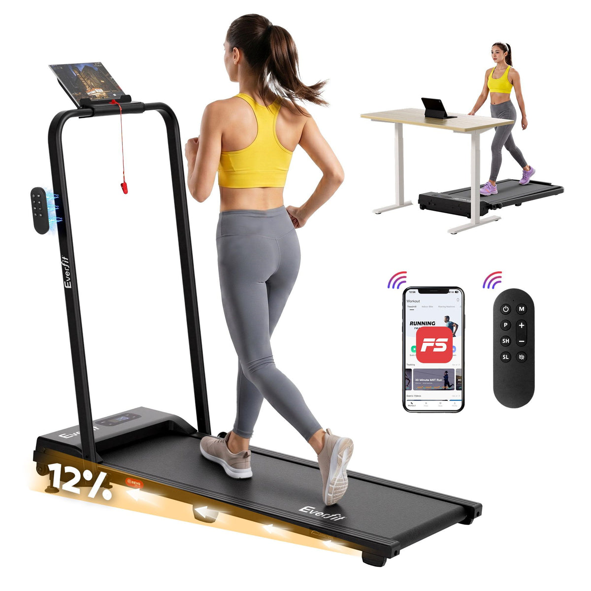Everfit 3 in 1 Walking Pad Treadmill 12% Incline Under Desk Foldable Treadmills for Home Gym With 38cm Wide Belt APP Control Everfit 3 in 1 Walking Pad Treadmill 12% Incline Under Desk Foldable Treadmills for Home Gym With 38cm Wide Belt APP Control