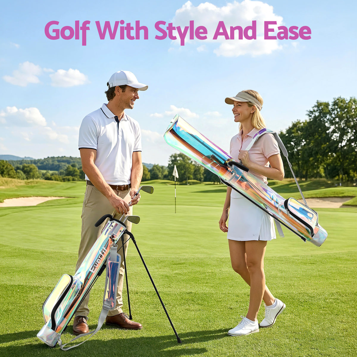 Everfit Golf Stand Bag 2-Way Divider Lightweight Carry Bag for 5-6 Clubs, Holographic