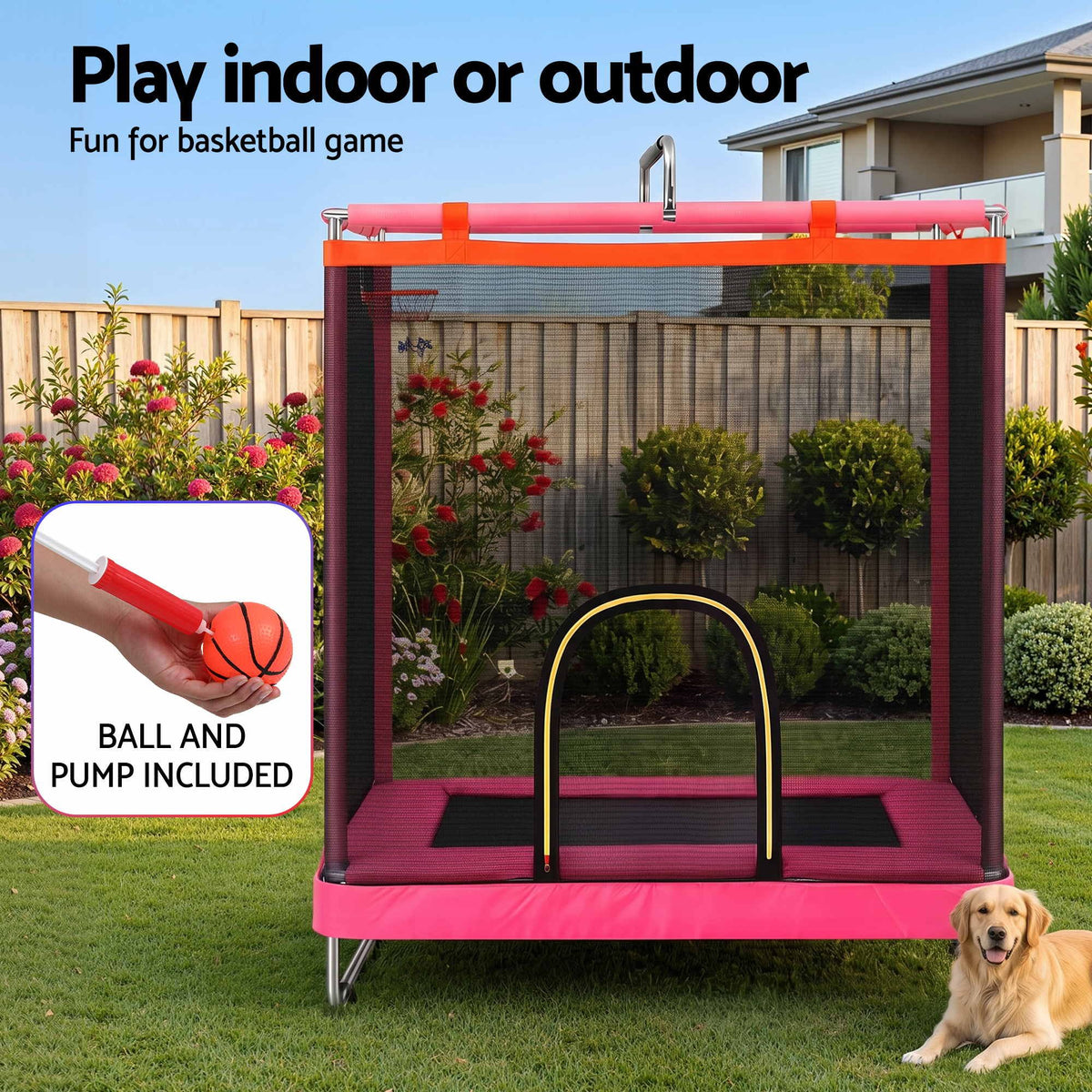 Everfit Kids 4.5FT Trampoline Rectangle Rebounder with Basketball Hoop Pink