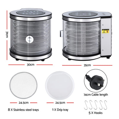 Devanti 8 Trays Food Dehydrator Stainless Steel Auto-Rotate 10 Programs 700W