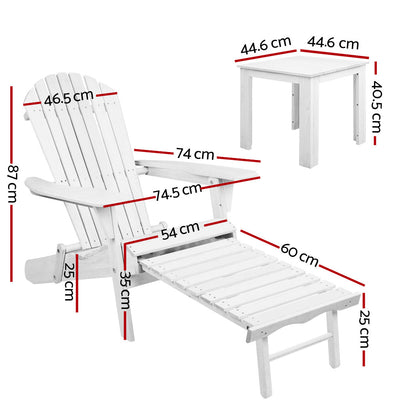 Gardeon 3 Piece Outdoor Adirondack Lounge Beach Chair Set - White