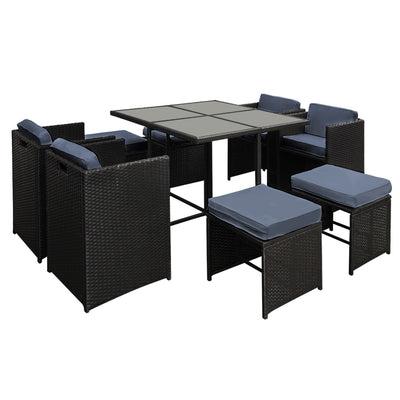 Gardeon 9 Piece Wicker Outdoor Dining Set - Black & Grey