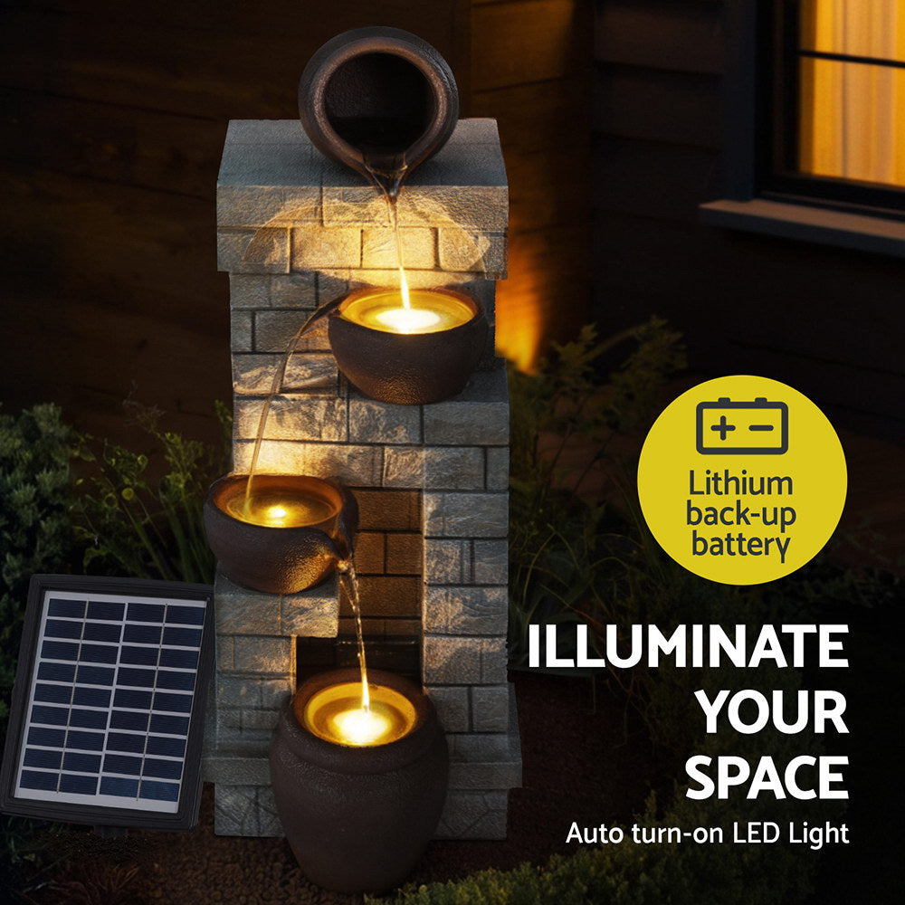 Gardeon Solar Fountain Water Feature Pot Outdoor Indoor 4-Tier Cascading Brown