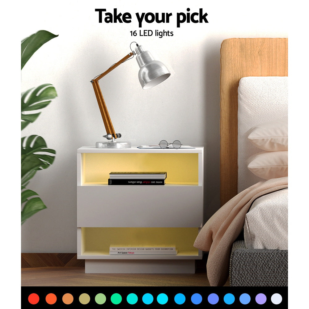 Artiss Bedside Tables Side Table RGB LED Drawers Nightstand High Gloss White