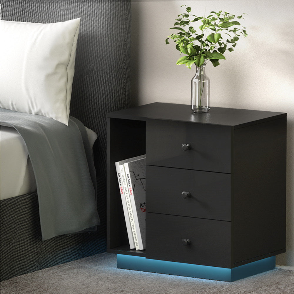 Artiss Bedside Tables Side Table RGB LED 3 Drawers Nightstand High Gloss Black