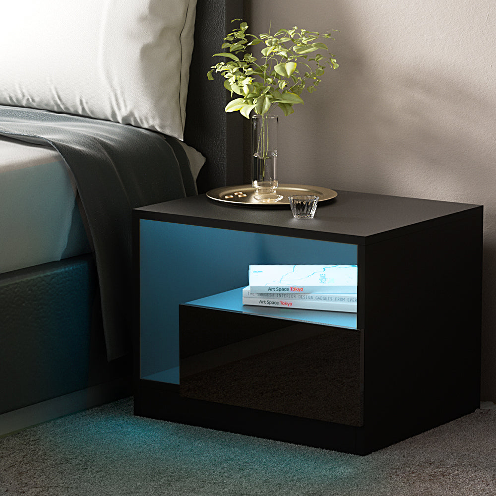 Artiss Bedside Tables Side Table RGB LED Drawers High Gloss Nightstand Black