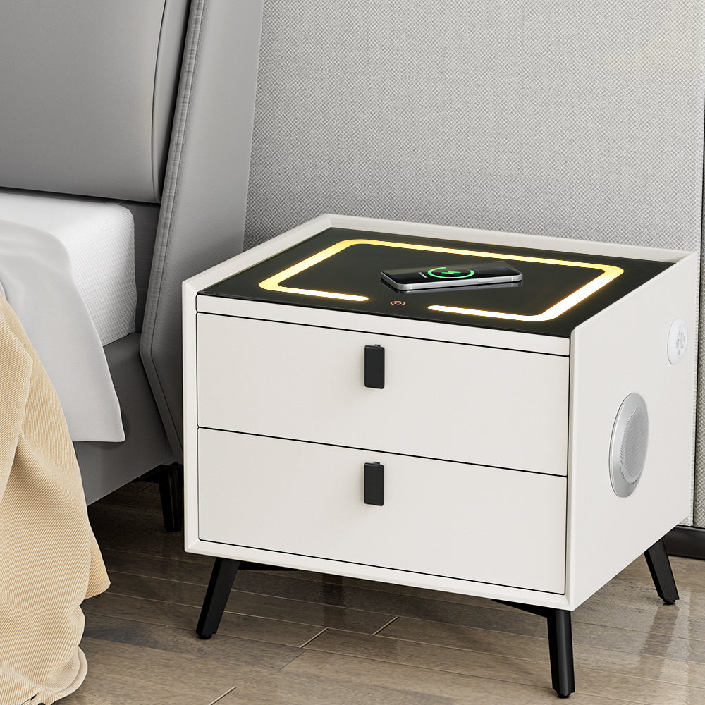 Artiss Smart Bedside Table 2 Drawers with Wireless Charging Ports LED White AIKA