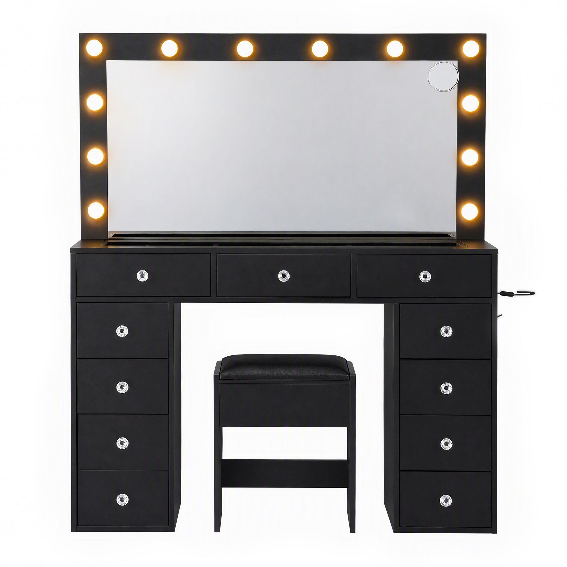 Artiss Dressing Table Charging Station LED Vanity Desk Set Stool Glass Top Make up Mirror Storage Drawer Black
