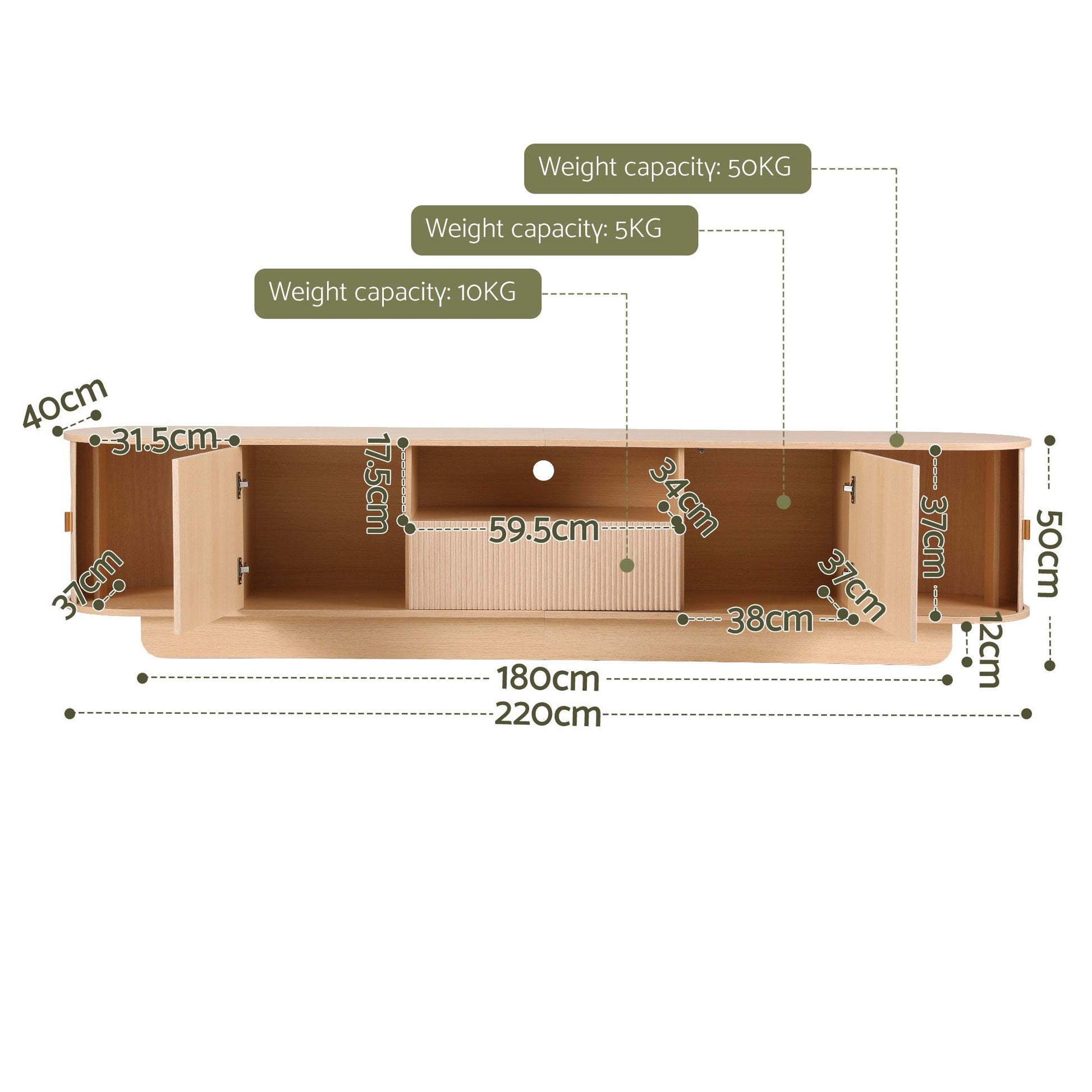Artiss 220cm TV Unit Rounded Edge Slide Side Cabinet Door Pine