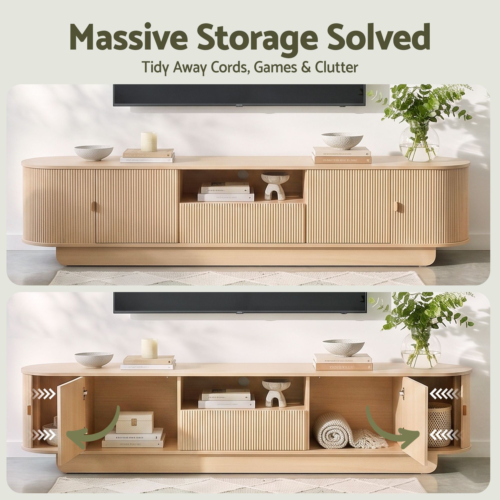 Artiss 220cm TV Unit Rounded Edge Slide Side Cabinet Door Pine