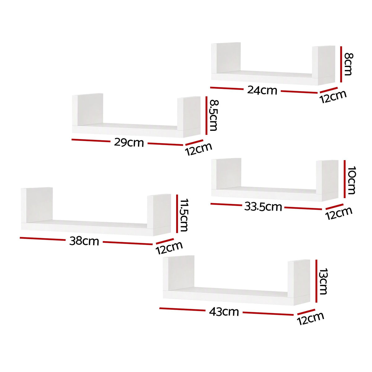 Artiss Floating Wall Shelves Set of 5 Mounted U-Shape Display Ledge, White