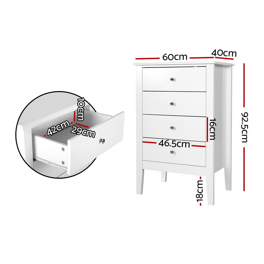 Artiss 4 Chest of Drawers Tallboy Storage Cabinet Bedside Table Dresser White