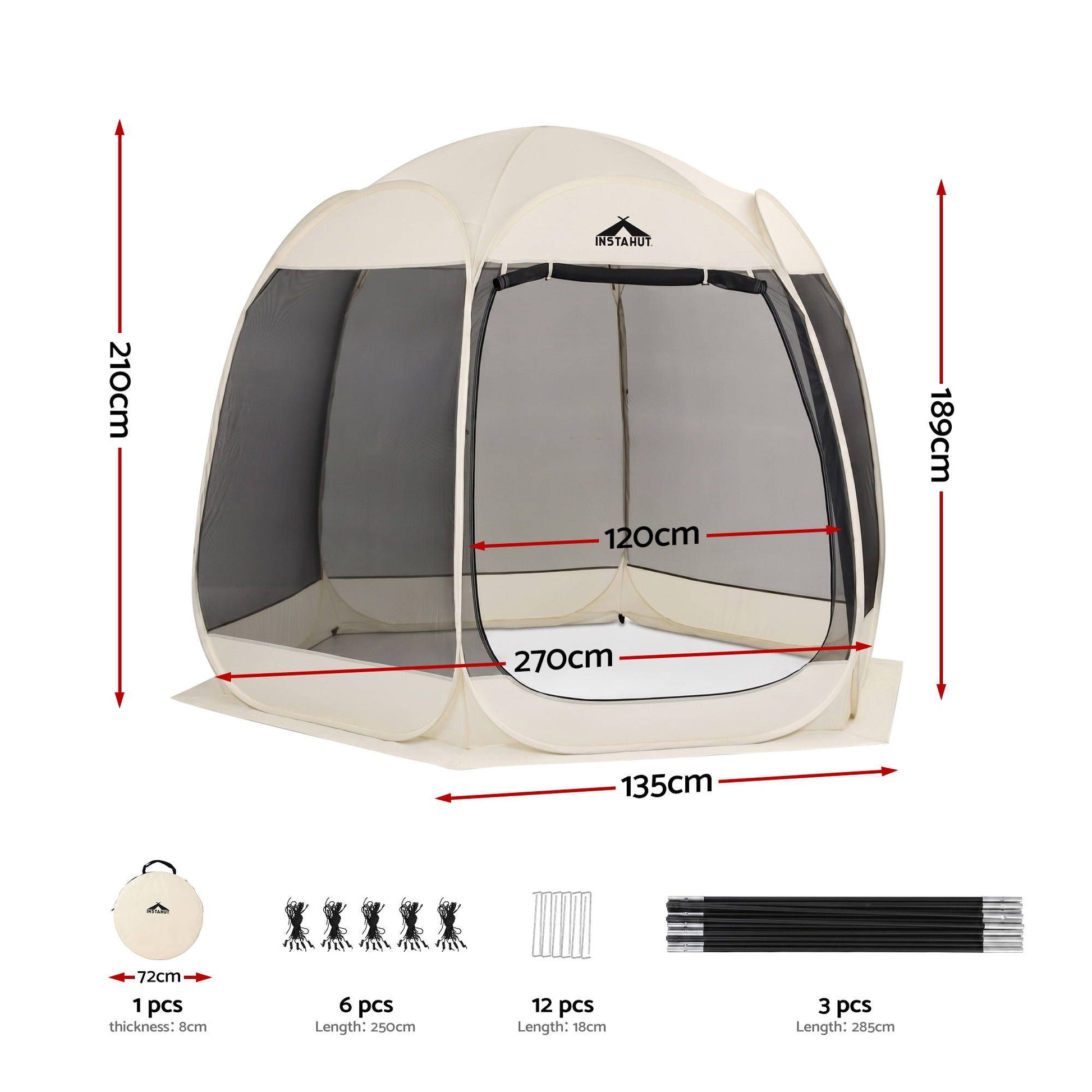 Instahut Gazebo Pop Up Tent 2.7x1.35m Outdoor Marquee Camping Screen 6 Sided