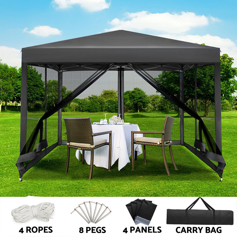 Instahut Gazebo Pop Up Marquee 3x3 Wedding Side Mesh Wall Outdoor Gazebos Grey