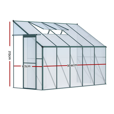 Greenfingers Greenhouse 3x1.27x2.13M Lean-to Aluminium Polycarbonate Green House Garden Shed