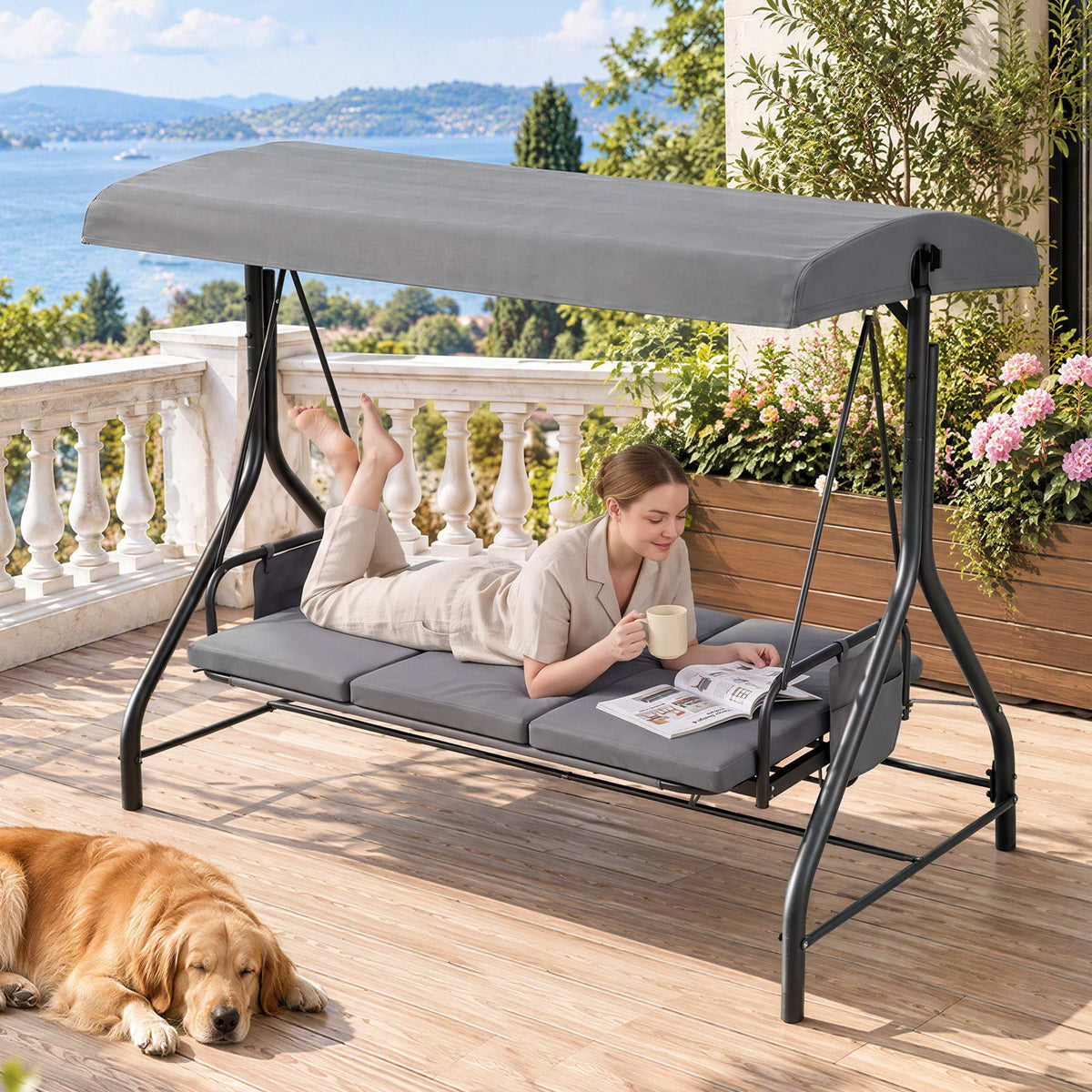Gardeon Outdoor Swing Chair with Canopy Convertible Hanging Bed Grey