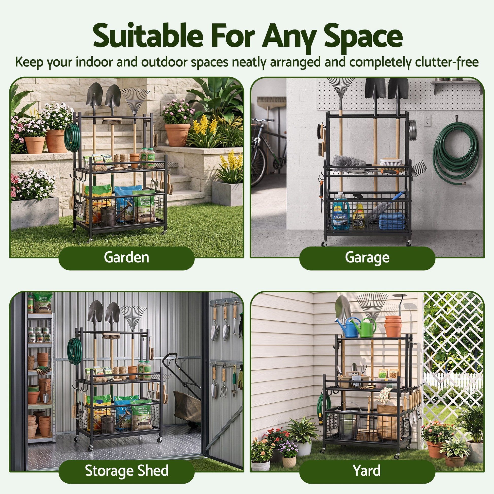 Gardeon Garden Tool Organizer Rack 16 Slots Rolling Garage Storage with Hooks