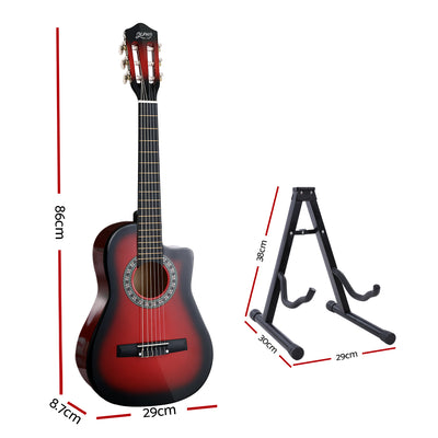 Alpha 34" Inch Guitar Classical Acoustic Cutaway Wooden Ideal Kids Gift Children 1/2 Size Red with Capo Tuner