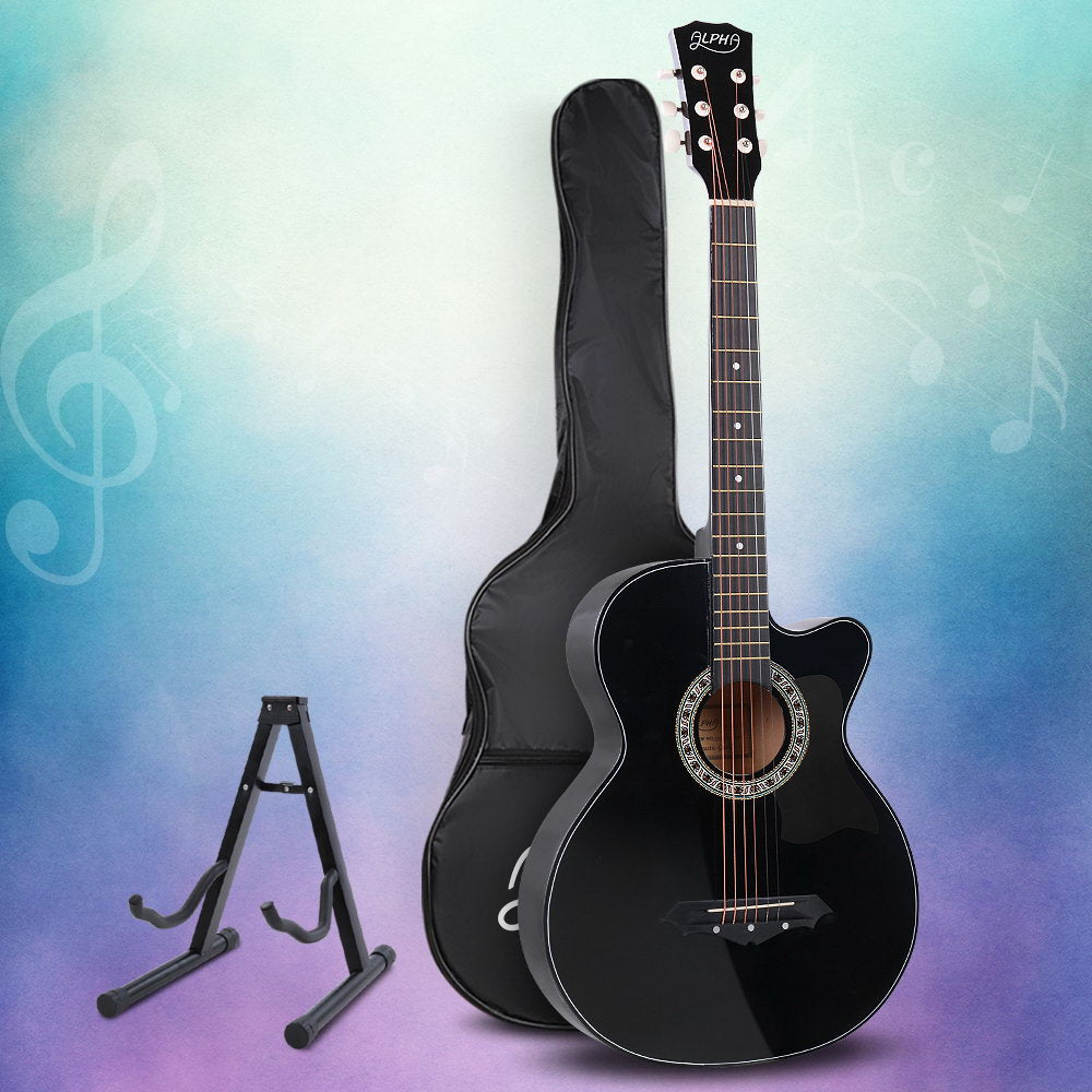 ALPHA 38 Inch Wooden Acoustic Guitar with Accessories set Black