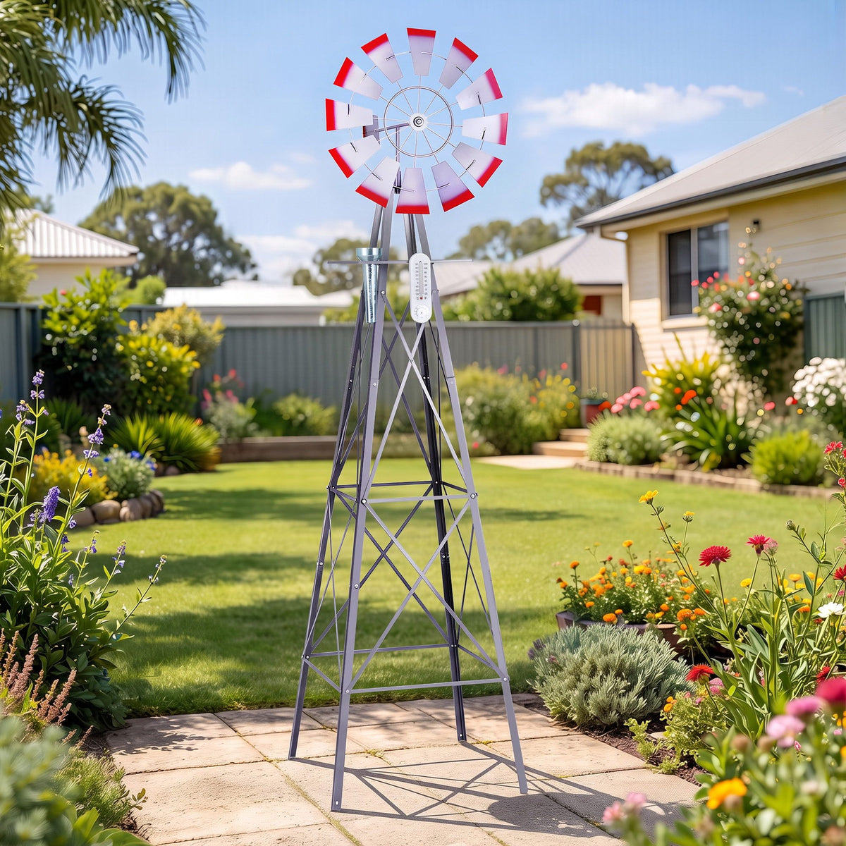 Gardeon Garden Windmill Metal Weather Station with Rain Gauge 243cm Silver