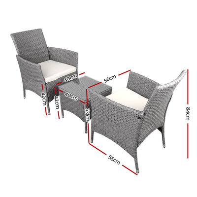 Gardeon 3PC Outdoor Bistro Set Patio Furniture Wicker Setting Chairs Table Cushion Grey