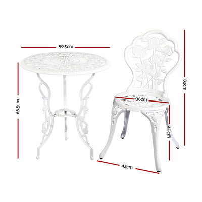 Gardeon 3PC Outdoor Setting Bistro Set Chairs Table Cast Aluminum Patio Furniture Rose White
