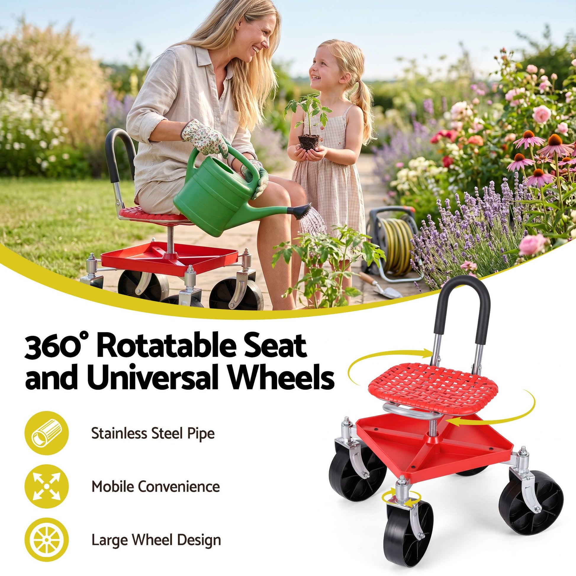 Gardeon Garden Cart Seat Rolling Stool 360 Swivel Height Adjustable Heavy Duty Red