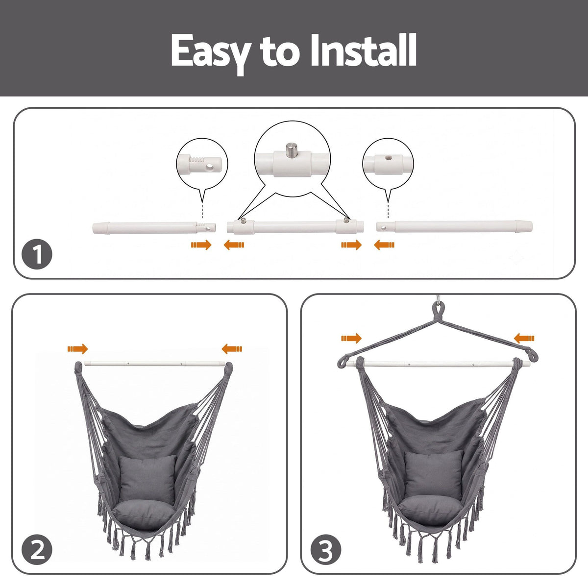 Gardeon Hammock Chair Camping Macrame Hanging Swing Cushions Metal Bar Grey