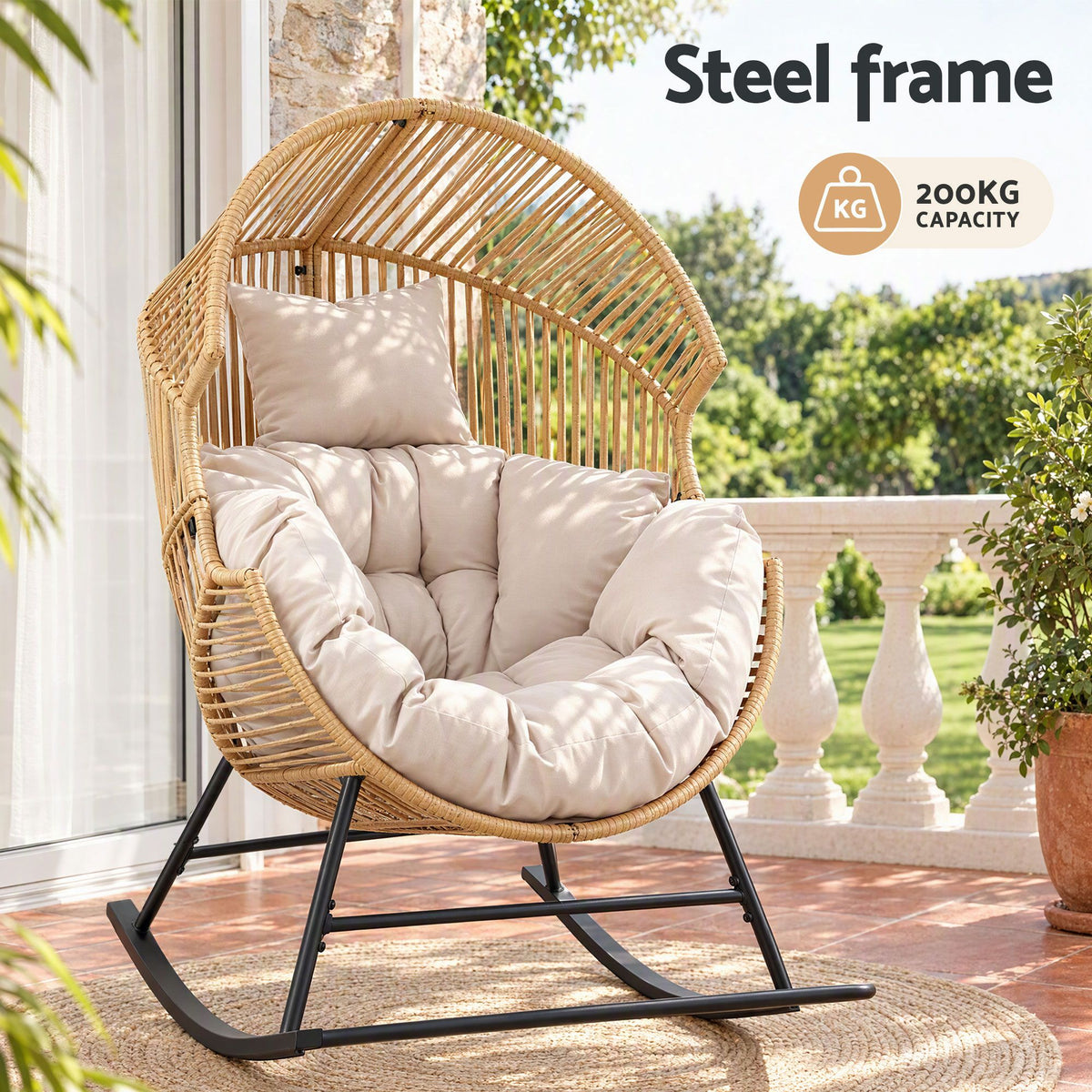 Gardeon Outdoor Egg Rocking Chair Rattan Lounger with Thick Cushion Patio Furniture Natural